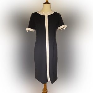 Navy and white shift dress.